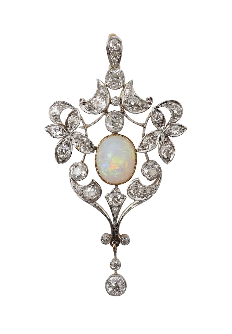An Edwardian opal and diamond pendant, early 20th century